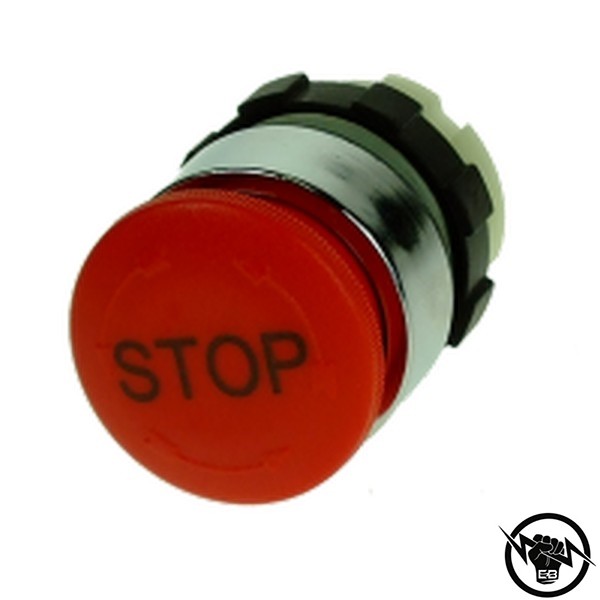Авариен стоп бутон - 28mm, червен с надпис STOP, монтажен отвор Ф22, освобождаване със завъртане