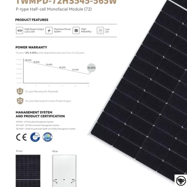 ФОТОВОЛТАИЧЕН ПАНЕЛ TONGWEI 550W WMPD-72HS 550WP 2